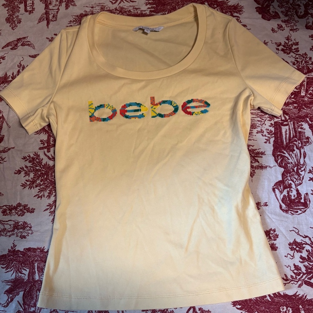 bebe Yellow Logo Scoop Neck Tee